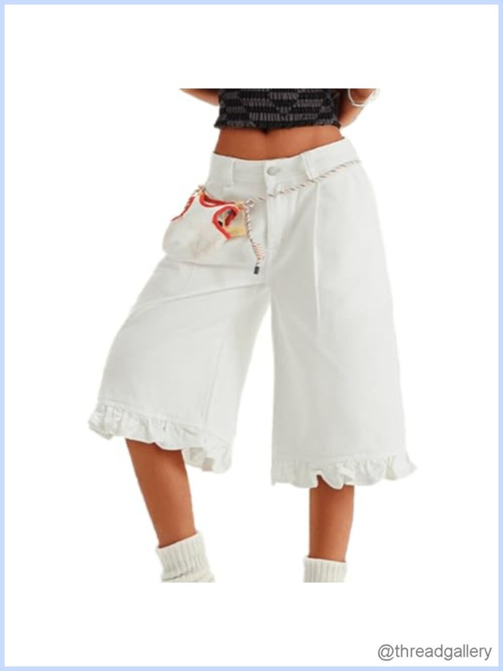 Viatabuna Low Rise Wide Leg Long Denim Shorts Ruffle Hem Y2K Jorts
